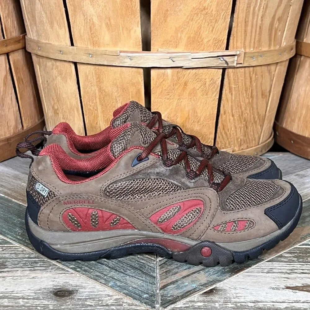 Merrell Azura Waterproof Dark Earth Brown Red Leather Hiking Shoes Womens Size 7